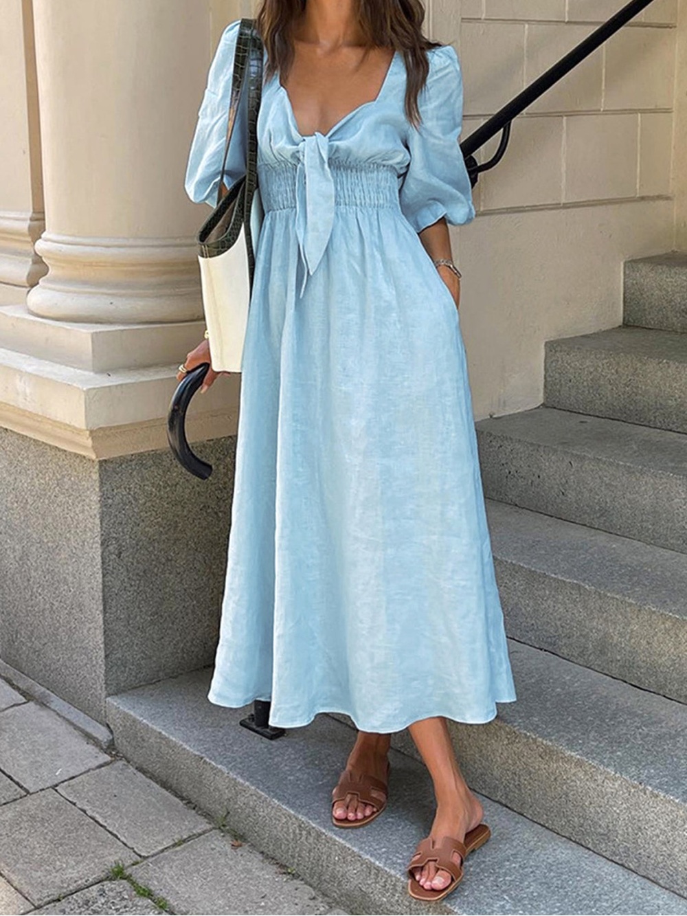 Commense Blue Linen Blend Tie Front Midi Dress Balloon Sleeve Plunge Neck Size M